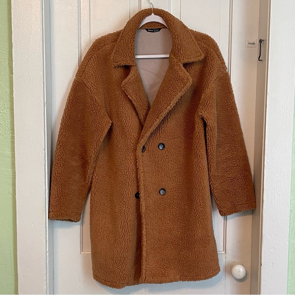Shein Over Coat Size Small / 4  One Button Closure Length 35” EUC Light Brown